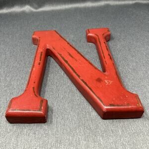 Large Real Wood Letter N Rustic Red Distressed Chippy Paint 10” X 8” Wall Decor